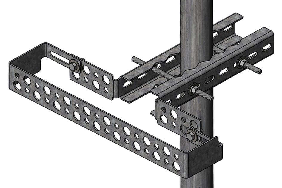 Original Image: CommScope – PIM-Guard Antenna and RRU Cable Support Bracket with 23 ports for stackable hangers (up to 3 per port). Install with torque wrench set at 10 to 15 ft-lb to meet carrier PIM requirements