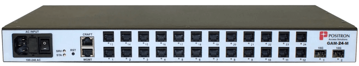 Original Image: Positron – G.hn Access Multiplexer (GAM) with 24 dual-pair (MIMO) copper ports and 2 x 10Gbps SFP+ ports. AC 110-220V Power Input