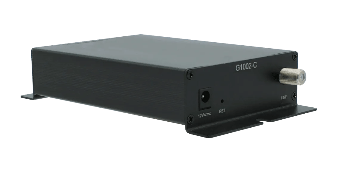 Original Image: Positron – G.hn (Coax) to Gigabit Ethernet Bridge. 2 GE Ports (“F” Type connectors). Supports Trunk Mode (4,000+ VLANs). AC-DC 12v Wall adapter included.