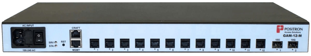 Original Image: Positron – G.hn Access Multiplexer (GAM) with 12 dual-pair (MIMO) copper ports and 2 x 10Gbps SFP+ ports. AC 110-220V Power Input